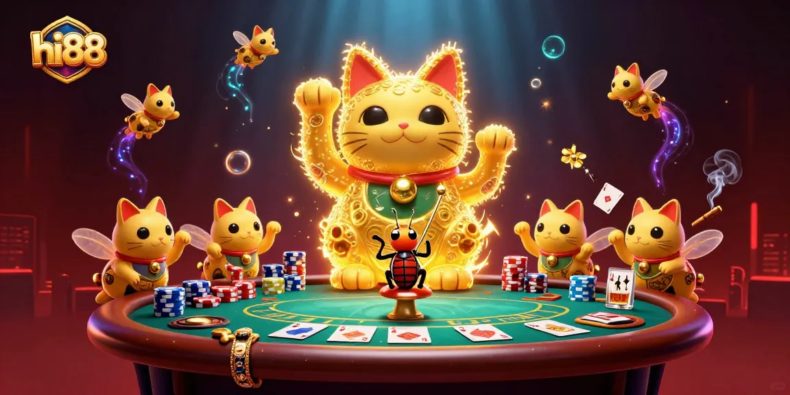 Experience the vibrant atmosphere of hi88 with a lucky cat and casino symbols in this 3D illustration.