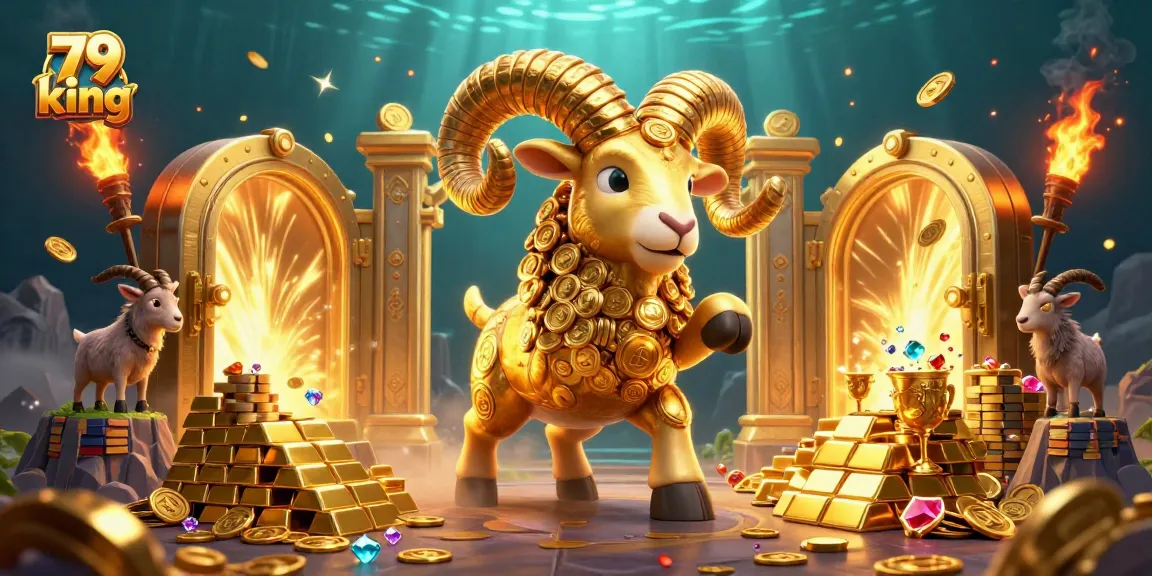 Engage in the thrilling action at 79 king with a dynamic 3D illustration of a golden ram and treasure vaults.