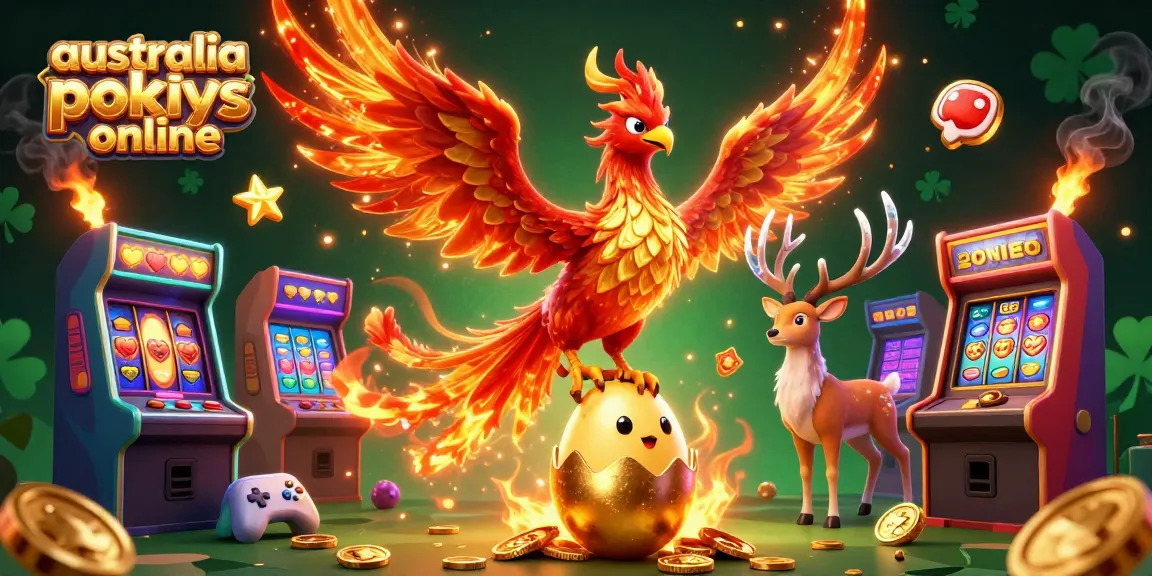 Experience the excitement of australia pokies online with vibrant slot machines and a fiery phoenix!