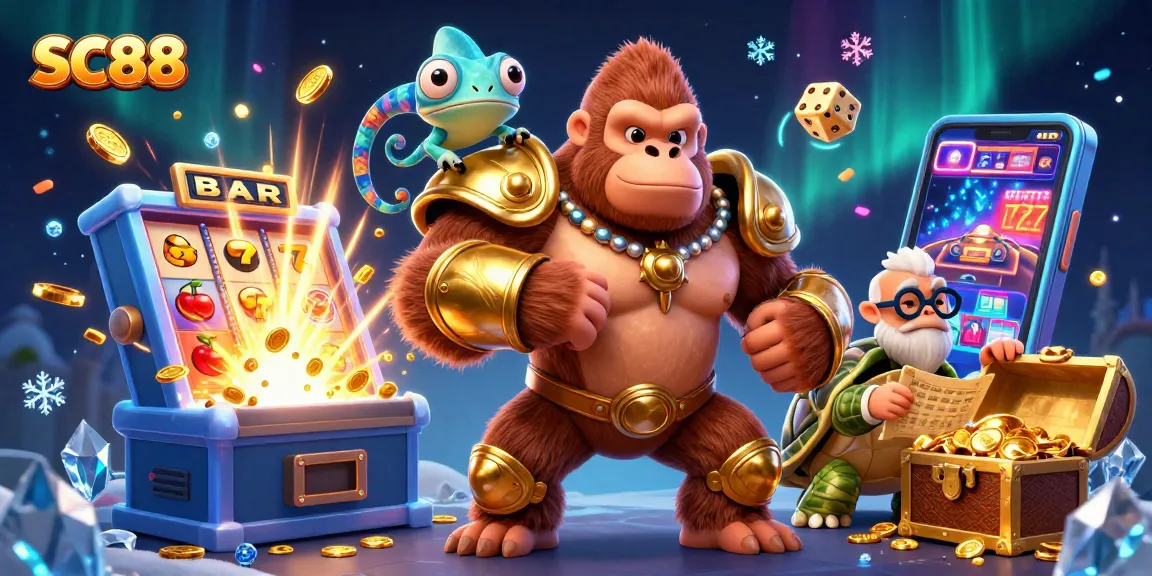 Experience thrilling gameplay at SC88 with a mystical gorilla king and vibrant scenes of casino action.