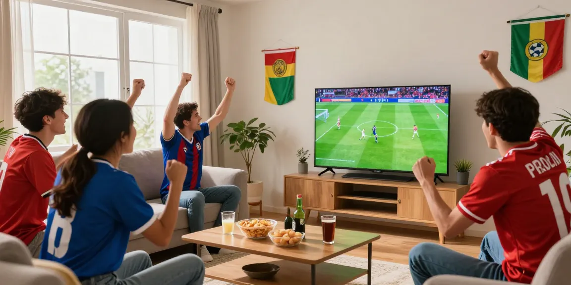 Pelota Libre gathering friends excitedly watching football live with snacks and drinks.