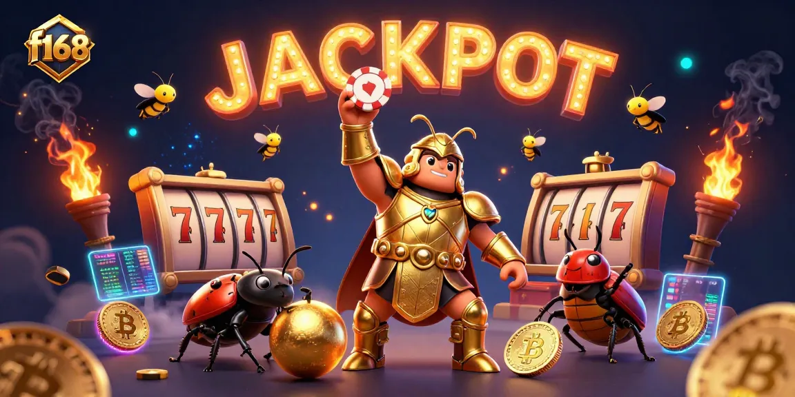 f168 players winning big as a beetle lifts a poker chip in a colorful, animated casino scene.