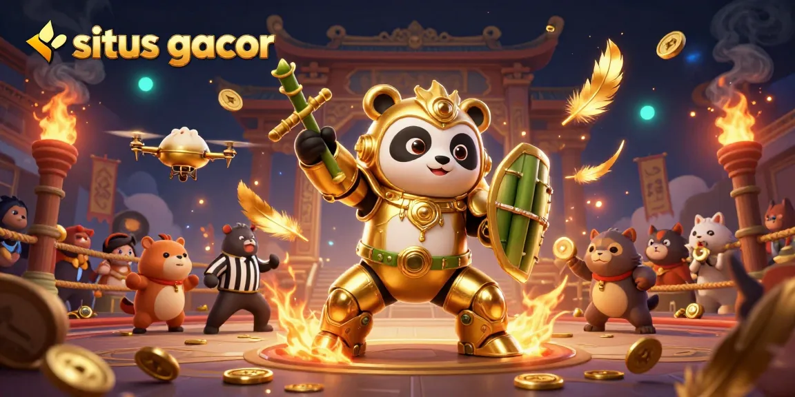 Engage in the excitement at situs gacor with a dynamic 3D illustration of a mech-suit panda battling in a vibrant arena.