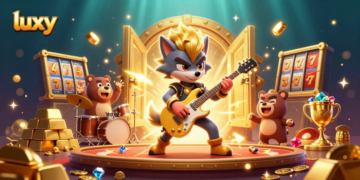 Spin slots triumphantly with luxy, featuring a rock star wolf, treasure vault, and dazzling gems.
