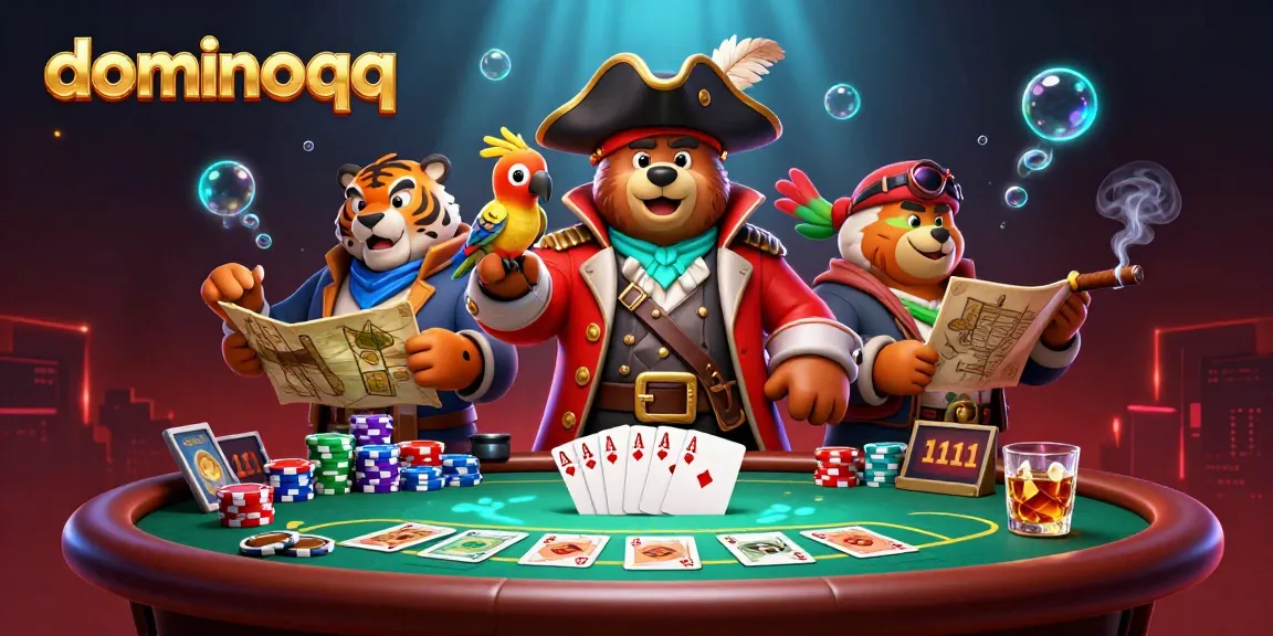 Experience high-stakes poker action with dominoqq in dynamic 3D illustration featuring pirate-themed characters.
