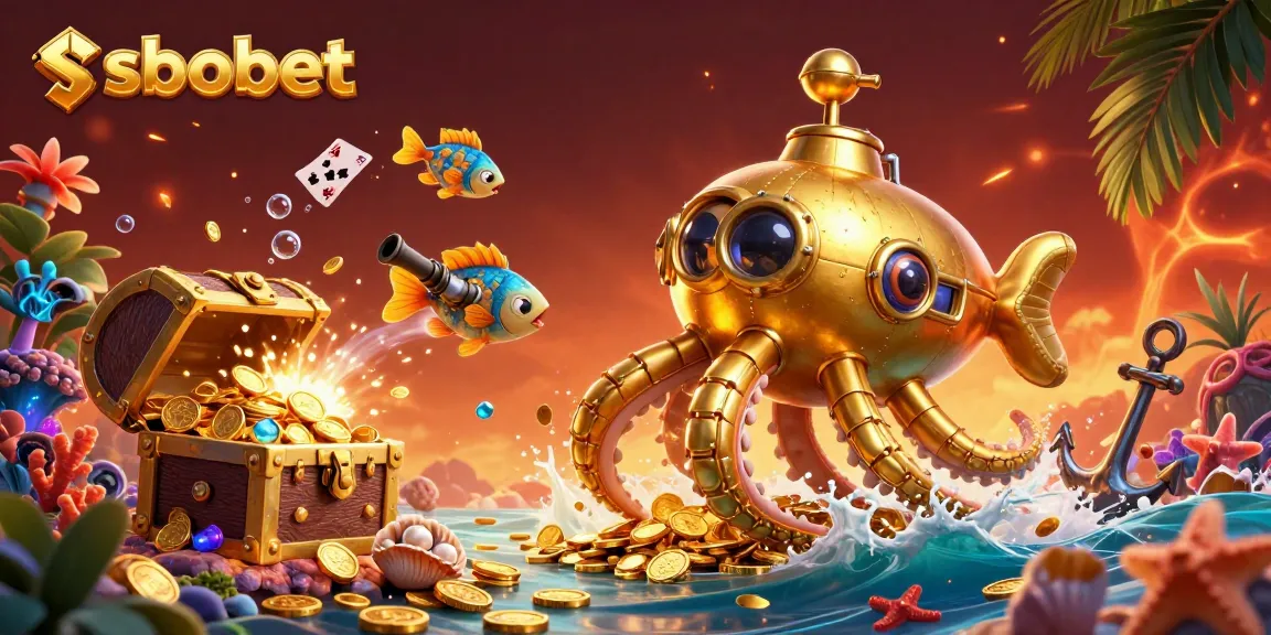 Bet on sbobet with a golden kraken submarine and treasure, capturing excitement and wins in sports betting.