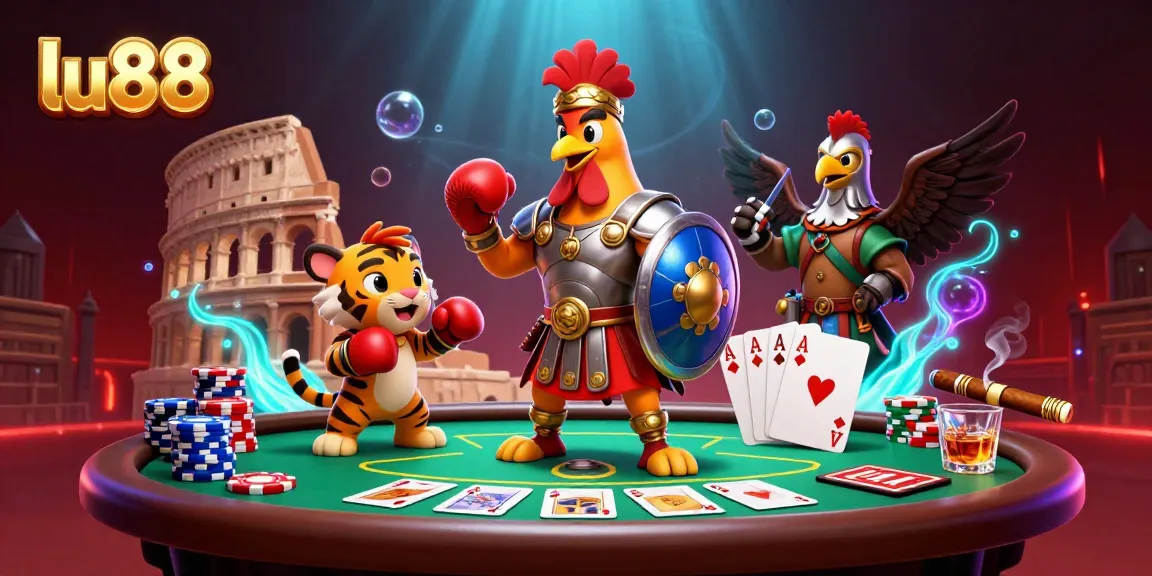 Experience the excitement of lu88 with a vibrant casino-themed scene featuring dynamic characters and poker elements.