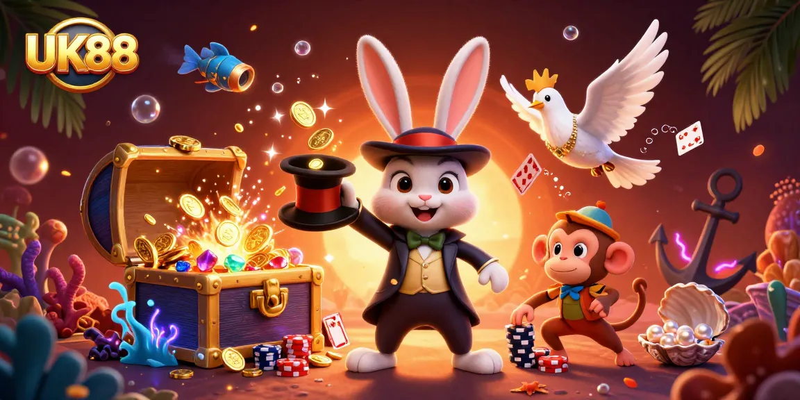 Engage with UK88's vibrant scene of a magician rabbit, dove, and monkey amidst casino riches.