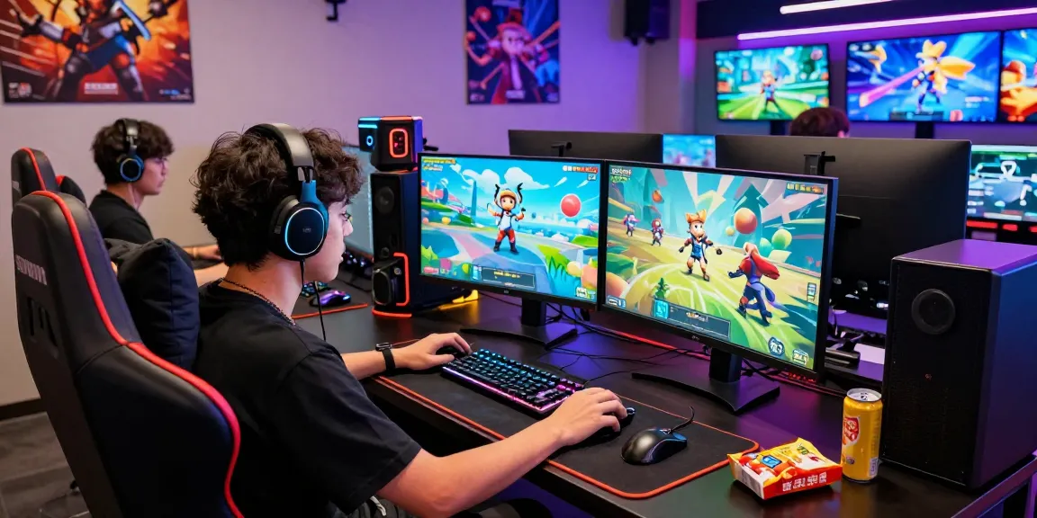 Sunwin gaming scene with an engaged player, dual monitors, and vibrant gaming atmosphere
