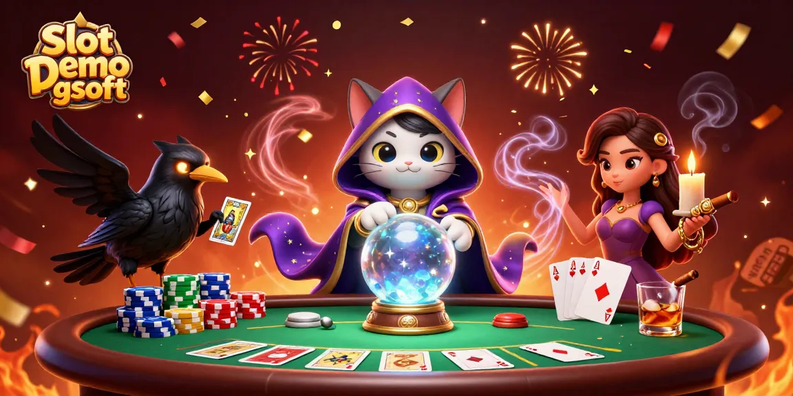 Engage with Slot Demo Pg Soft featuring a mystical cat and raven in a vibrant casino scene.