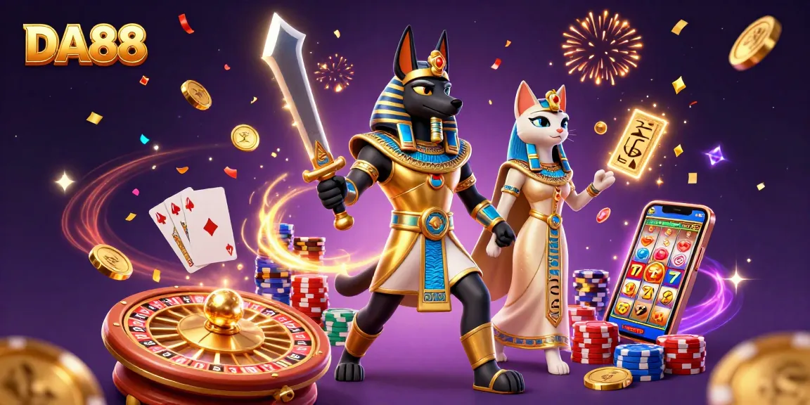 Engage with DA88's thrilling 3D casino scene featuring Anubis and Bastet amidst cascading coins and roulette.