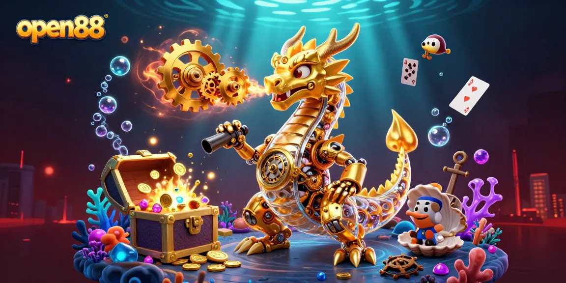 Spin the reels at open88 with an enchanting golden dragon amidst treasure in a vibrant casino scene