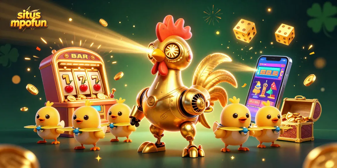Experience the excitement of situs mpofun with a dynamic 3D casino illustration featuring thrilling slot elements and characters.