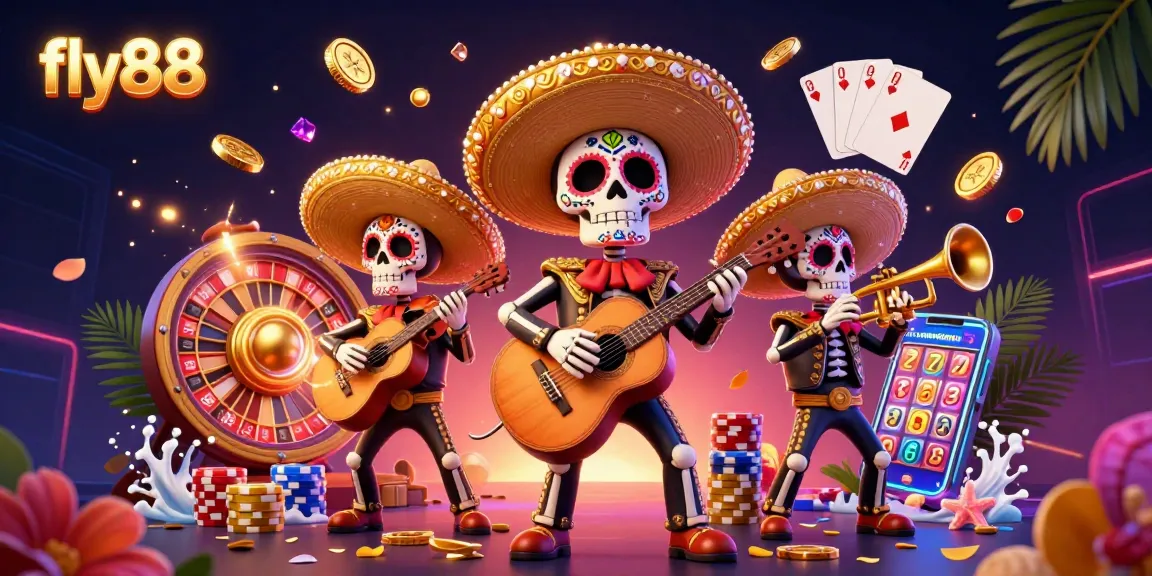 Experience thrilling action at fly88 with vibrant mariachi skeletons and cascading casino elements.