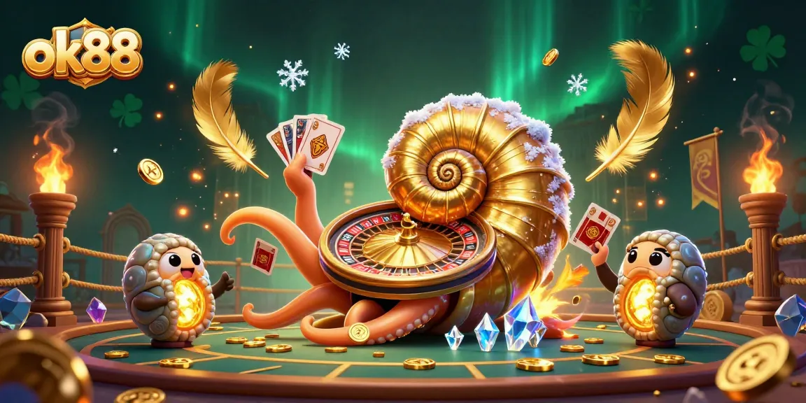 Engage with the thrilling world of ok88 featuring a dynamic casino scene with a giant nautilus and cards.