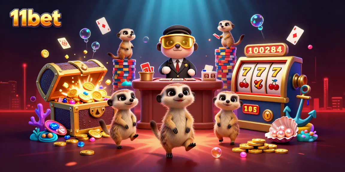Engage in exhilarating casino action at 11bet with animated meerkats managing slot games and treasures.