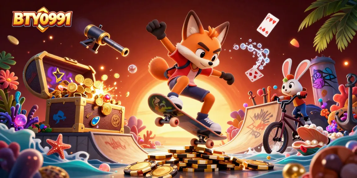BTY0991 showcases a vibrant 3D scene with a skateboarder fox and BMX rabbit engaging in casino adventure
