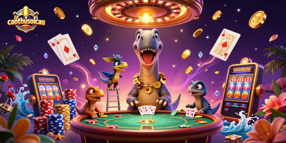 Experience exciting wins with caothusoicau as a giant dinosaur presides over a dynamic casino scene.